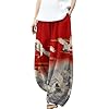 Women's Linen Pants Casual Floral Print Wide Leg Relax Fit Ankle Length Lantern Trousers