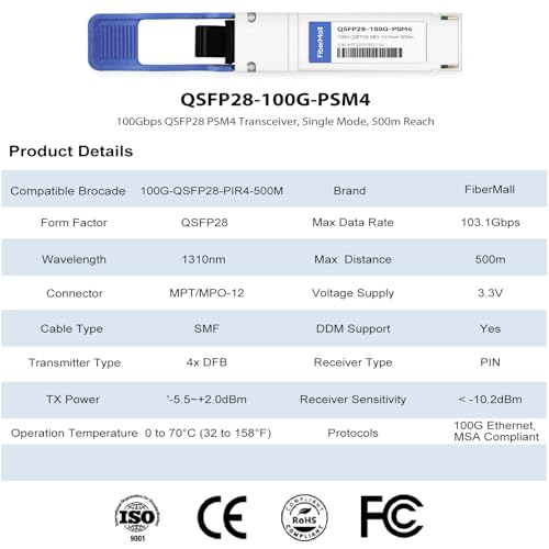 Image of 100G QSFP28 PSM4 Compatible for Brocade 100G-QSFP28-PIR4-500M 100GBASE-PSM4 QSFP28 Optical Transceiver Module 1310nm 500m DOM MTP /MPO SMF
