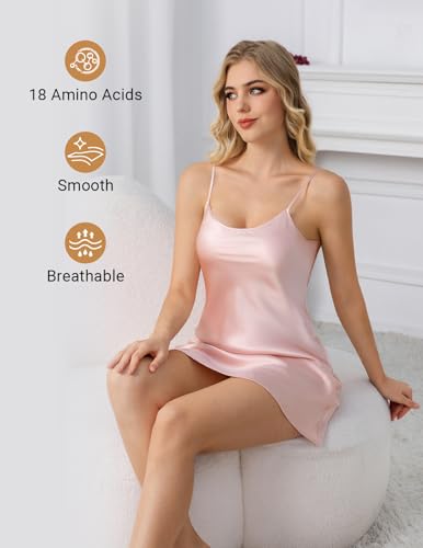 Image of THXSILK Women's Silk Nightgown, 100% Real 19 Momme Mulberry Silk Sleepwear Round Neck Spaghetti Strap Chemise Nightdress