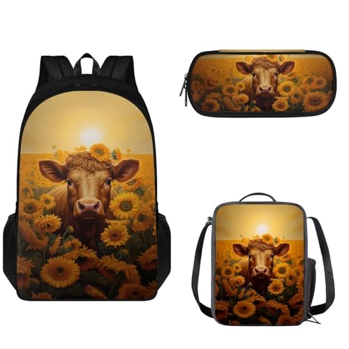 Set zaino scolastico regolabile a tracolla per scuola media ragazze ragazzi borsa da con scatola termica portapranzo astuccio Girasole di mucca