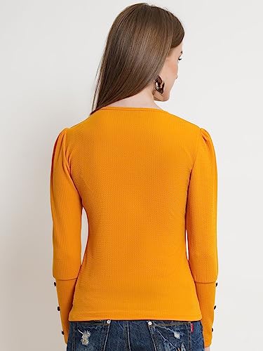 Image of POPWINGS Casual Solid Puff Button Long Sleeves Top for Women || Summer Round Neck Stylish Western Top for Jeans