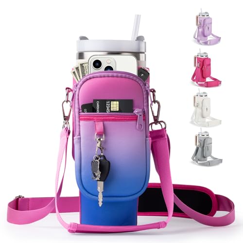 Image of linmaya Water Bottle Carrier Bag with Phone Pocket for Stanley Cup 40 /30oz,Insulated Neoprene Water Bottle Holder Cross-boday Bag with Adjustable Shoulder & Handheld Strap Stanley Cup Accessories