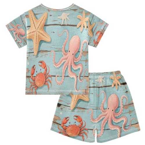 Wooden Board Sea Life Kids Pjs Set Boys Girls Summer Short-Sleeve Sleepwear Pajamas 2PCS2