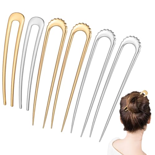 AOZUO 6 piezas de horquillas en forma de U, horquilla francesa para mujeres y niñas, 2 estilos de horquilla de metal francesa, horquillas vintage de 2 puntas para moño de pelo para damas