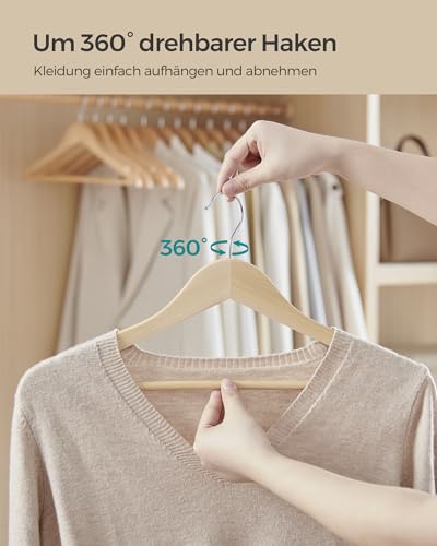 SONGMICS Kleiderbügel Holz, 48er Set Bügel, Holzbügel, Einkerbungen im Schulterbereich, Hosensteg, Hosenbügel, 360° drehbarer Haken, für Jacken Hemden Mäntel, naturbeige CRW010N48