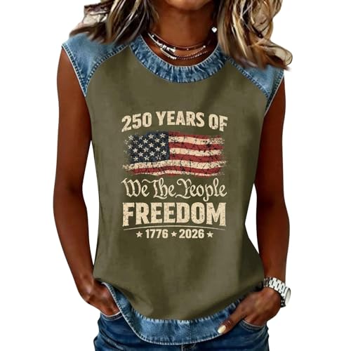 HHOSGPP USA 250th Anniversary Shirt | Women's 250 Years of Freedom Distressed Denim Trim America Flag Patriotic Sleeveless Blouse 1776-2026 Graphic Tee Shirt(01-Army Green,M)