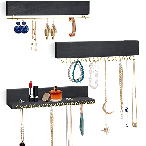Image of &ME YM Large Wall Mounted Hanging Jewelry Organizer Set of 3, Wall-Mounted Wood Necklace Holder with Removable Bracelet Rod and 40 Jewelry Hooks, 16 x 2.4 x 1 inch (Black Grey)