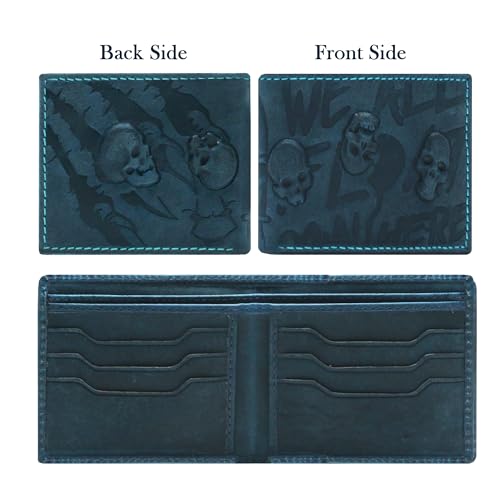 Leather Wallets For Men- 3D Embossed Skulls Pattern Design Bifold Vintage Distressed Genuine Leather Wallet With Two Cash Pockets And Six Card Slots (Blue)3