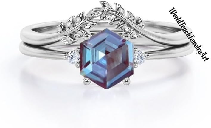 Alexandrite Wedding, Hexagon Cut Lab Alexandrite Engagement Ring, 925 Sterling Silver Art Deco Bridal Set with Leaf Band For Women