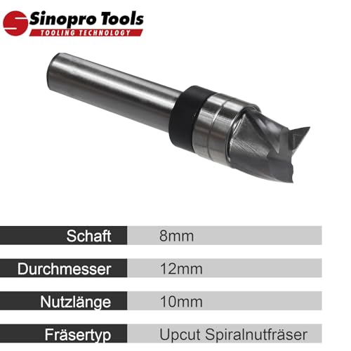Sinoprotools Spiralfräser 8mm Schaft VHM Fräser, 3Flöten Up Cut Nutfräser, 12mm Schnittdurchmesser，10mm Schnittlänge，Bündig-Profilfräser für Holz Kanten Bündig zu Fräsen oder um zu Kopieren
