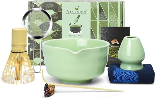Artcome 7-Piece Matcha Tea Set – Full Japanese Ceremony Equipment with Bowl, Whisk, Scoop, Strainer & Information, Inexperienced