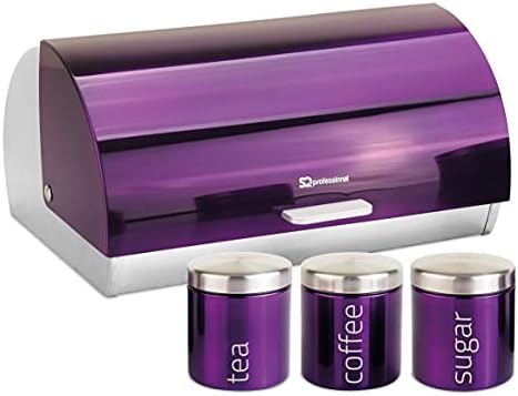 SQ Professional Gems Metallic Bread Bin and Tea Coffee Sugar Storage Jar | Canisters Set Red (Ruby)