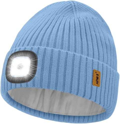 Image of ATNKE LED Lighted Beanie Hat,USB Rechargeable 4 LED Ultra Bright Running Headlamp Hands Free Head Torch Cap with Light Winter Warm Fleece Lined Knit Beany Gifts for Men and Women/Shadow Blue