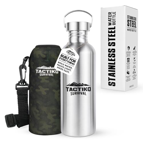 Tactiko Survival 34 oz/1000 ml Stainless Steel Wide Mouth Water Bottle, Single Wall Boil-Safe, Leakproof, BPA-Free with Carry Sleeve and Strap for Camping, Hiking, Outdoor Prep (Camo)
