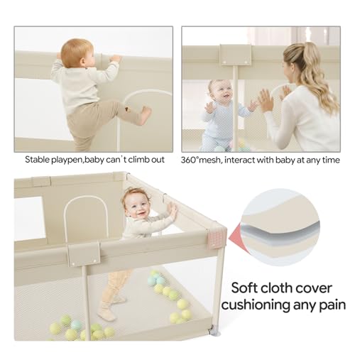 Image of Fodoss Baby Playpen, 59x69in Beige Playpen for Babies and Toddlers, Play Pen for Apartment, Kids Activity Fence, Baby Playard with All-Side Mesh, Pull Rings