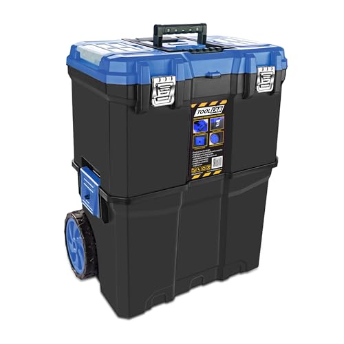 Tool Lab Mobile Rolling Tool Box 2 Tier Stacking Pull Along Handle With Metal Latches, Rubbed Wheels For Home and Work Blue