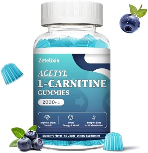 Acetyl L-Carnitine Gummies, L-Carnitine Supplement for Women & Men, with Vitamin C & B12, ALCAR for Energy, Brain & Heart Health Support, Vegan, Non-GMO, Sugar Free, 60 Count