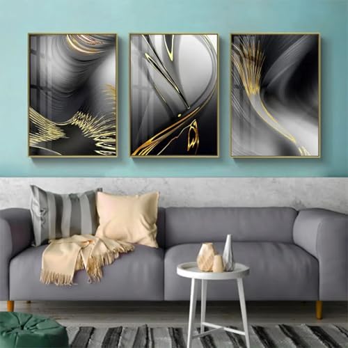 Peinture abstraite ligne jaune pour habiller grand mur salon gris noir 3 pièces