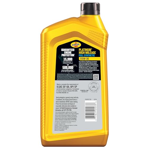 Pennzoil Platinum High Mileage Full Synthetic 5W-30 Motor Oil, 1 Quart (6 Pack)