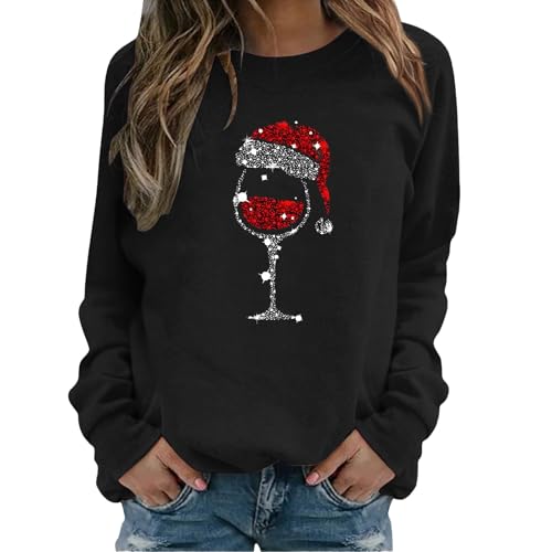 Damen Pullover Weihnachtspullover Damen Lustig Rotwein Glas Druck Sweatshirt Oversized Rundhals Langarm Ugly Weihnachten Pullover Christmas Oberteile Frauen Xmas Pulli Tops