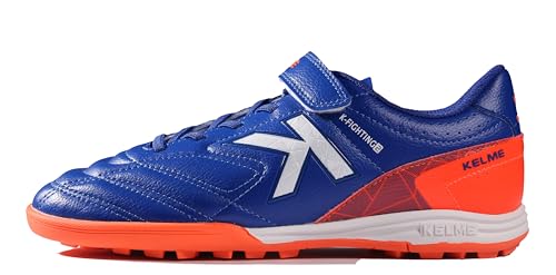 KELME Laceless Soccer Cleats Youth and Kids – Futsal or Turf Soccer Shoes for Boys/Girls – Indoor or Outdoor Hook and Loop Football Boots (Blue/Orange, US Footwear Size System, Big Kid, Numeric, Medium, 4)
