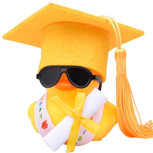 Mwmoeen Canard en caoutchouc amusant avec diplôme, mini canard de remise de diplôme, décoration de tableau de bord avec chapeau de remise de diplôme, lunettes et écharpe, examen, cadeaux positifs