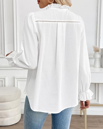 Bsubseach Women Puff Long Sleeve Shirt Textured Button Down Cotton Work Blouse Eyelet Ruffle Collar Dressy Casual Tops2