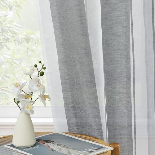 MRTREES Voile Gardinen Kurz Vorhang Halbtransparent Streifen Stores Schals mit Ösenschal Moderner Wohnstil Weiß+Grau 175×140cm (H×B) für… – Ansicht 4