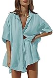 Falvurt Women's 2 Piece Casual Outfit Set Half Sleeve Shirt and High Waisted Shorts Loungewear Set S