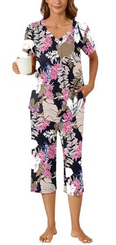 Image of Bestbee Women's Pajama Sets 2 Piece Lounge Outfits Summer Sleepwear V Neck Short Sleeve Capri Pant With Pockets Ladies Pjs