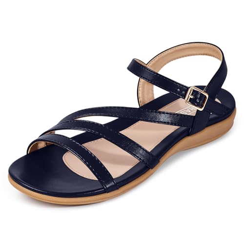 Image of Flat Sandals for Women Dressy - Comfortable Summer Strappy Sandal | Dress Comfy Walking Ankle Strap Open Toe Casual Womens Sandal - Arch Support Cushioned Wedding Shoes for All-Day Comfort