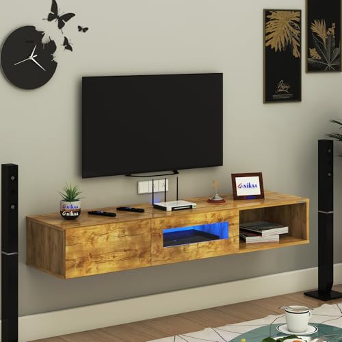 Image of Anikaa Strix Wall Mount Modern Floating TV Unit for Living Room with 3 Storage Cabinet & Blue LED Light (Ideal for 32 to 55 inch TV, DIY Installation, Gaintwood Finish)