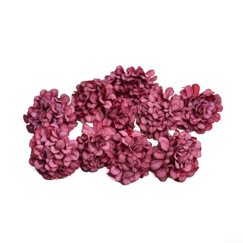 Linnkyfloa 50 cabezas de hortensias artificiales - Cabeza de flor de hortensia floral de seda artificial con tallo de tacto real para accesorios para el cabello (rojo)