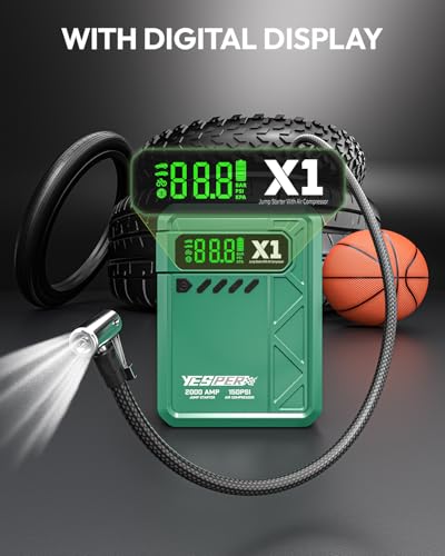 YESPER Jump Starter with Air Compressor 2000A 150PSI Battery Jumper Starter Portable(8L Gas/6L Diesel), 12V Car Jump Pack Battery Charger Jump Box with Jumper Cables, LCD Display, Lights - Thumbnail 4