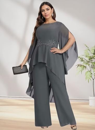 2 Pieces Chiffon Mother of The Bride Pant Suits for Wedding Lace Appliques Formal Outfits Ruffle Sleeve Pantsuits4