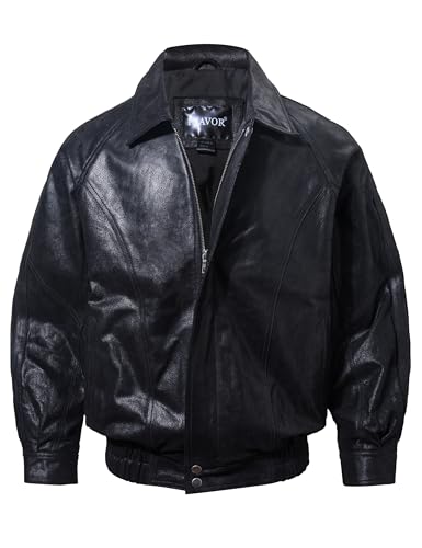FLAVOR Men Casual Leather Bomber Jacket Classic Aviator Flight Jacket Black