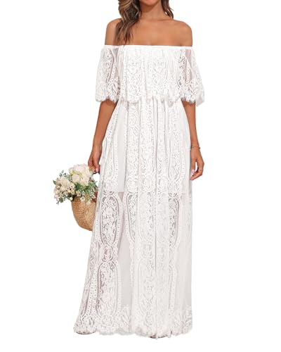 Holipick White lace Maxi Dress Off Shoulder Bridal Shower Boho