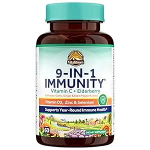 VITALITOWN Immune Support Supplement, with Elderberry, Vitamin C, Zinc, D3 6000IU, Selenium, Ginger, Echinacea, Garlic & Black Pepper, 9-in-1 Immunity, 60 Caps