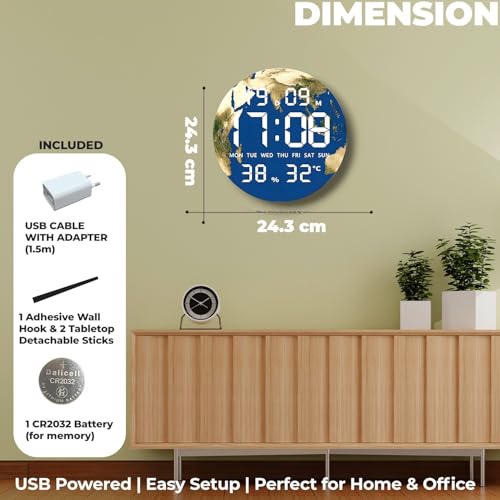 Image of Amazon Brand - Umi Acrylic Digital Wall Clock for Bedroom Living Room Stylish LED USB Tabletop 3D Picture Clocks with Time Day Date Month Temperature Display for Home Office 24.3x24.3cm (Blue Planet)