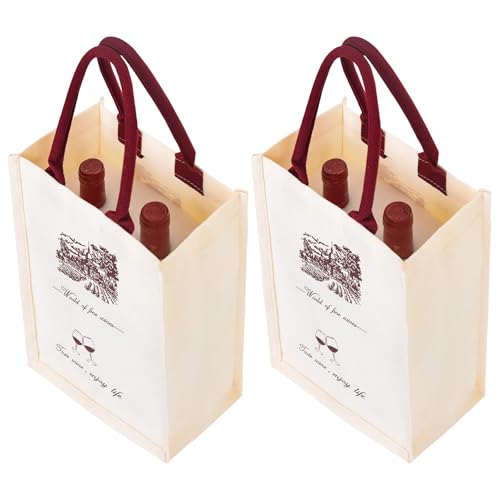 Sturdy Canvas Wine Tote Bag for 2 Bottles Waterproof with Wine Red Handles & Built-in Foam Padding Foldable Wine Gift Bags Alternative to Wine Shipping Box for Party Wedding Wine Lovers 2-Pack