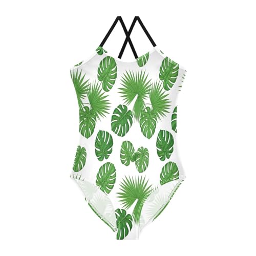 Girls Swimming Suits Beach Swimsuit 3-10 Y with Adjustable Shoulder Strap, Palm Leaves White