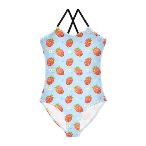 senya Girls Swimsuits One-Piece Swimwear Tie Bathing Suit Beach Summer Round Neck 4T Strawberries Daisies On Blue