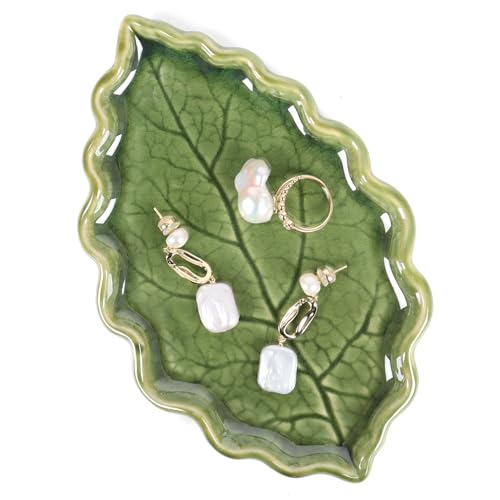 Leaf Shaped Jewelry Tray - Decorative Ring Holder Dish - Ceramic Jewelry Dish Tray Trinket Dish Organizing Necklace Earrings - Cute Ring Dish Key Bowl for Women Girls Christmas Birthday Mother's Day