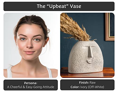 Image of Glimpse Homes Ceramic Flower Vase | Set of 2 | Upbeat Face Vase 5.5 inches & Blowing Kiss Face Vase 6 inches (White, Raw Finish)