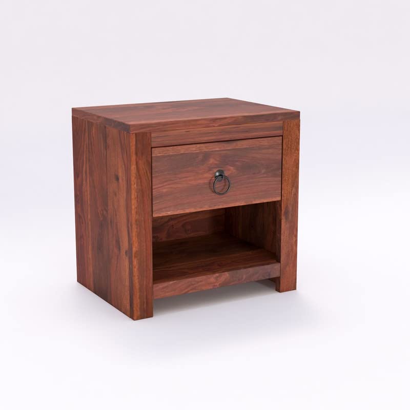 Image of Solid Wood Sheesham End Table with 1 Drawer and 1 Shelf Modern Design - Honey Finish