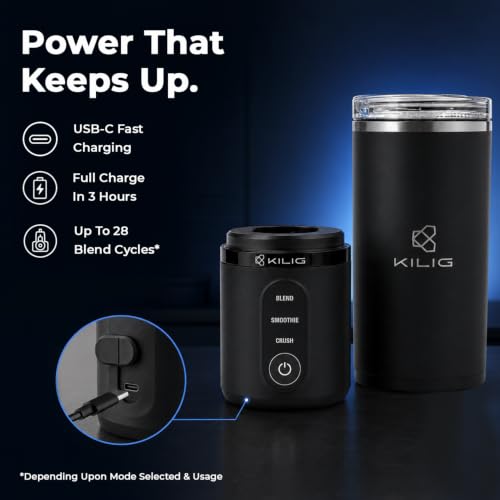 Image of KILIG Vortex Blitz Stainless Steel Portable Blender 470ml, USB-C, Black | SUS304 Steel Insulated Jar, 6 Blades; 3 modes (Blend, Smoothie, Crush); twist-and-sip; 1-yr warranty