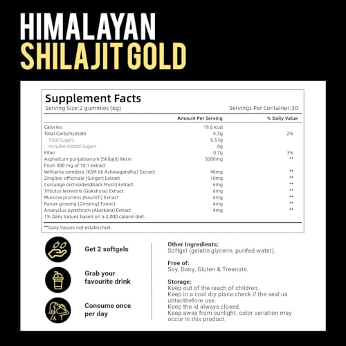 VivoNu Shilajit Gummies | 3000mg | mit Ashwagandha & Himalaya-Shilajit | 60 vegane Gummibärchen für Energieschub und Stärkung Vitalität | Ohne Zusätze (60 Stück)