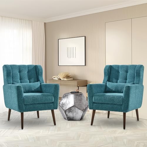 cinkehome Accent Chairs Set of 2 for Living Room, Chenille Upholstered Mordern Armchair, Comfy Soft Padded Lounge Reading Arm Chair in Small Space, Bedroom, Pillow, Solid Wood Leg, Teal