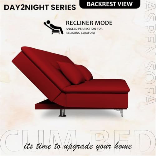 Image of Adorn India Premium New Aspen 3 Seater Sofa Cum Bed 4X6 Velvet Suede with 2 Cushions (Color Red) and Suitable for All Indoor, with 3 Years Warranty