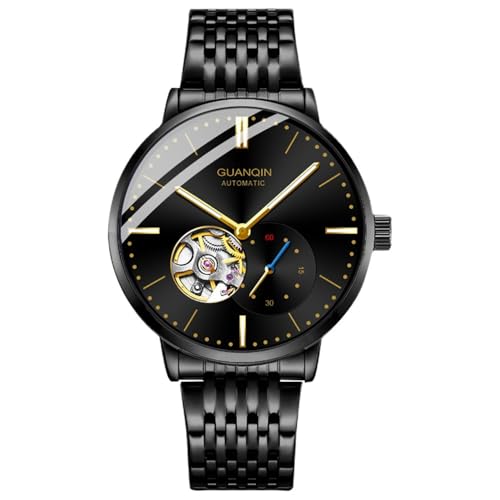 Guanqin Montre-bracelet mécanique à remontage automatique pour homme - Style vintage - Double face - Creux - Étanche - Lumineux - En acier inoxydable, Noir...
